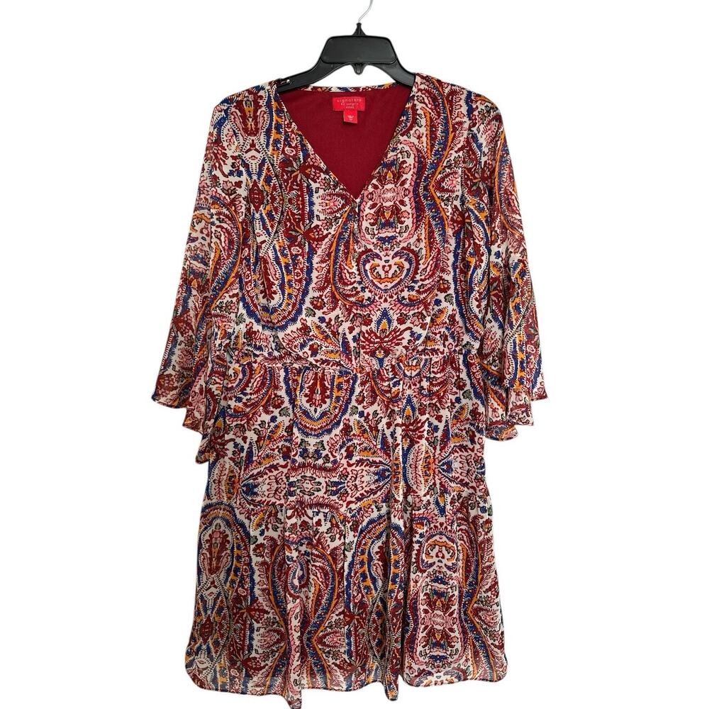 Signature by Sangria, Boho Tiered V-Neck Bell Sleeve Dress, Size 12P